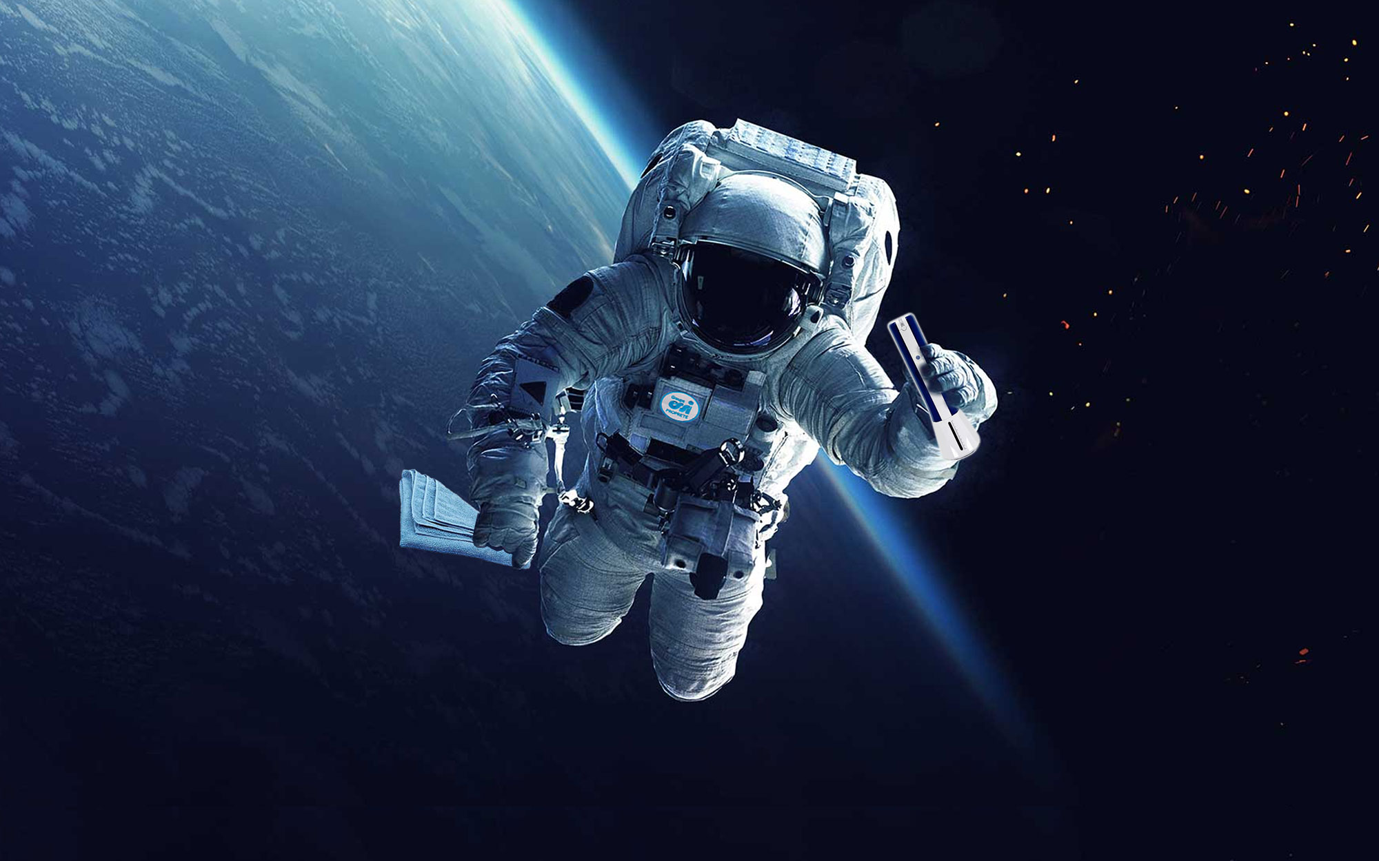 Un astronaute dans l'espace portant une microfibre et un vaporisateur.