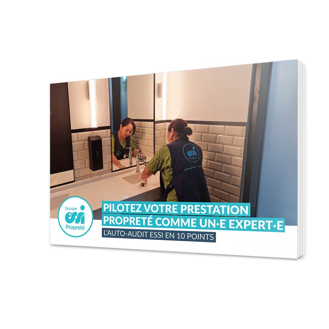 Agent de propreté ESSI nettoyant un lavabo dans des sanitaires modernes, illustration de l'auto-audit ESSI en 10 points pour piloter sa prestation de propreté
