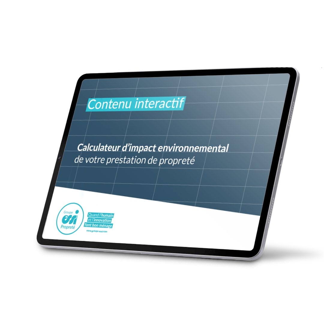 Tablette affichant la couverture du calculateur interactif ESSI Propreté, outil Excel pour estimer l'impact environnemental d'une prestation de nettoyage